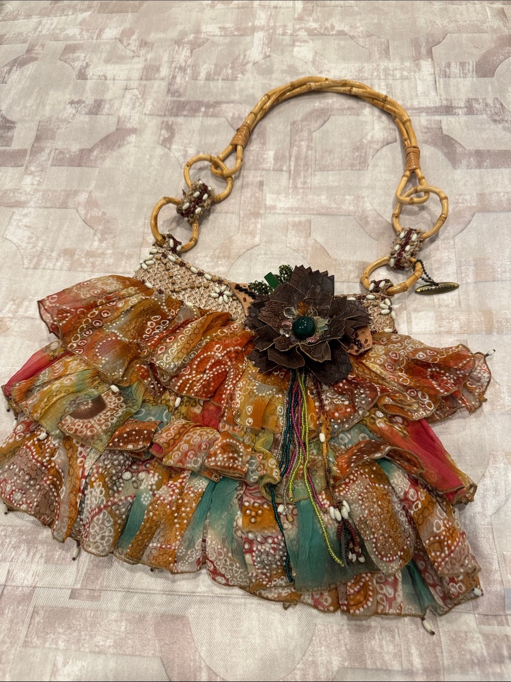 Mary Frances Multicolor Ruffled Fabric Statement Necklace with Bamboo Chain